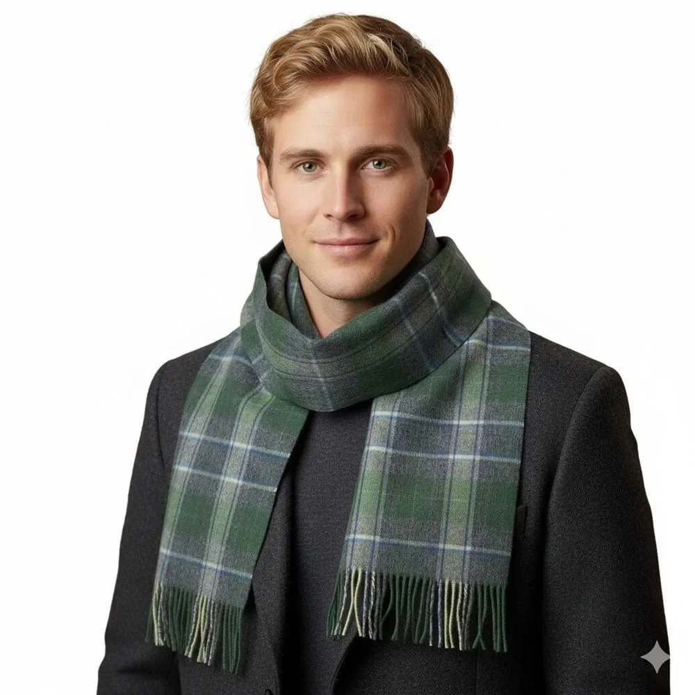 Suantrai of Ireland Scarf 100% Soft Wool Long Green Gray Tartan Plaid Unisex